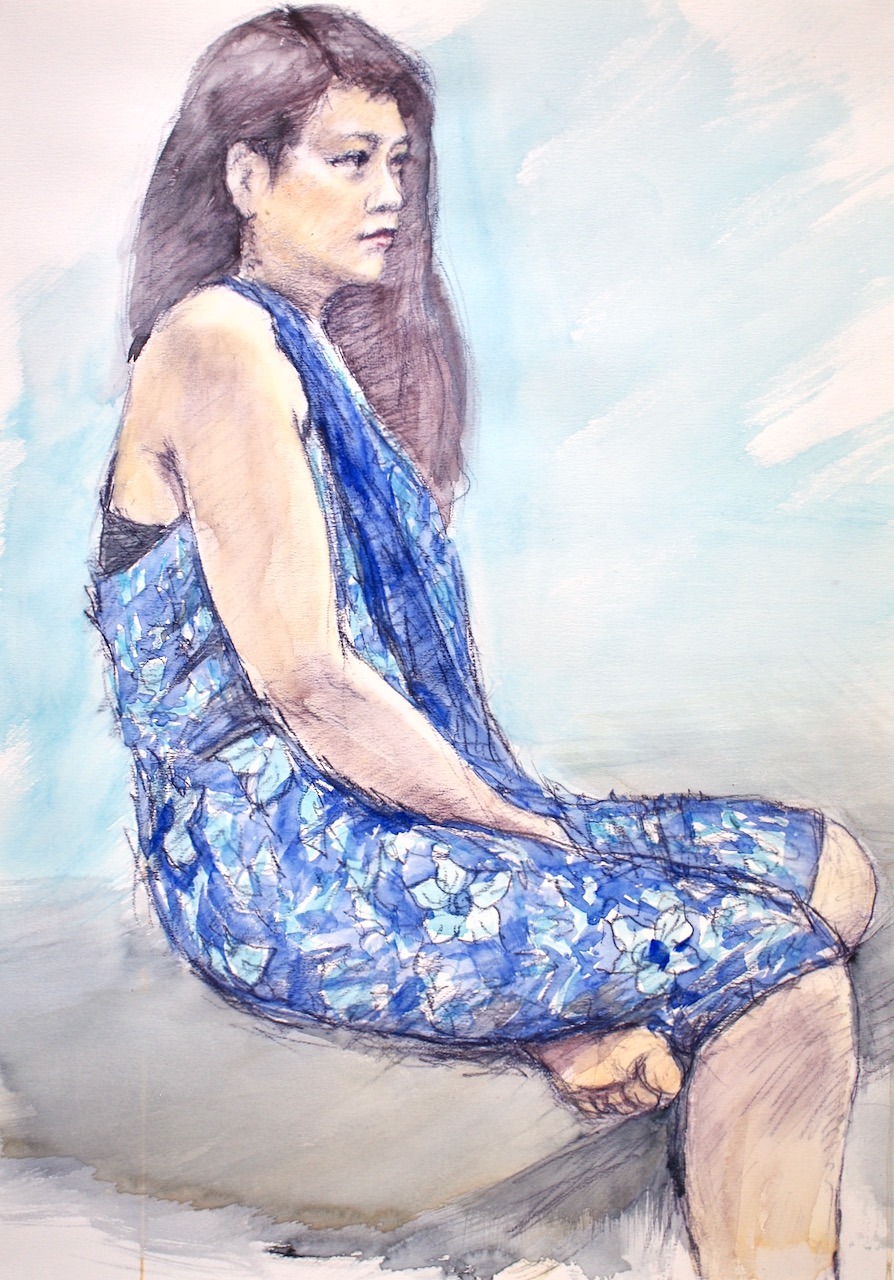 水彩画 「青色のデッサンの裸婦」 水彩画 「青色のデッサンの裸婦